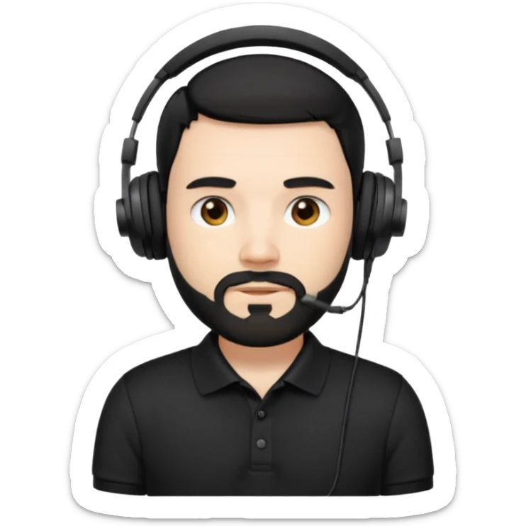 black and  hair with beard and headphones white skin male and nice polo shirt hair short on side black polo  sticker