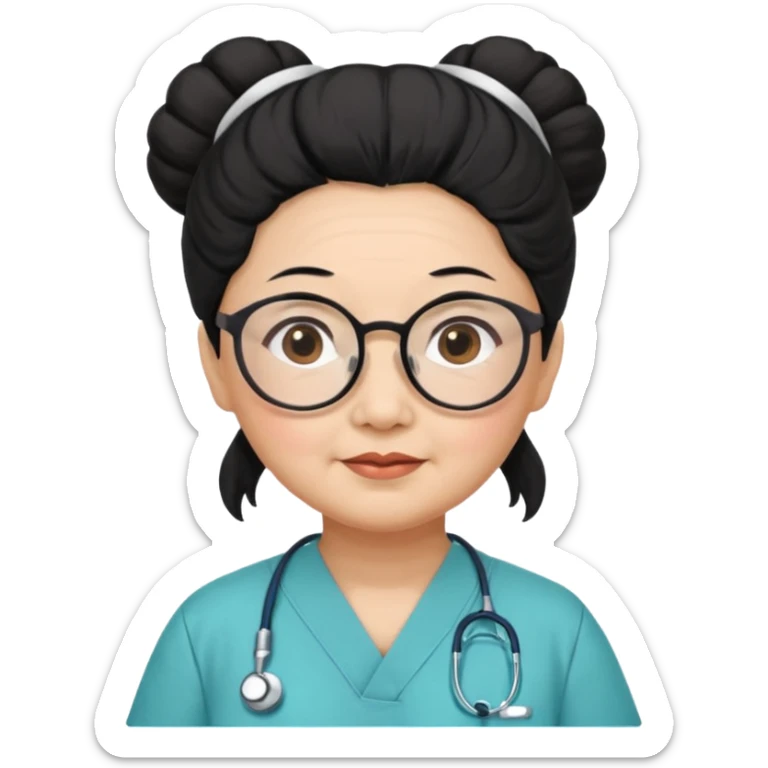 OLD ASIAN WOMAN WITH GLASSES, NURSE SCRUBS, HAIR BUN, BLACK HAIR, CHUBBY sticker