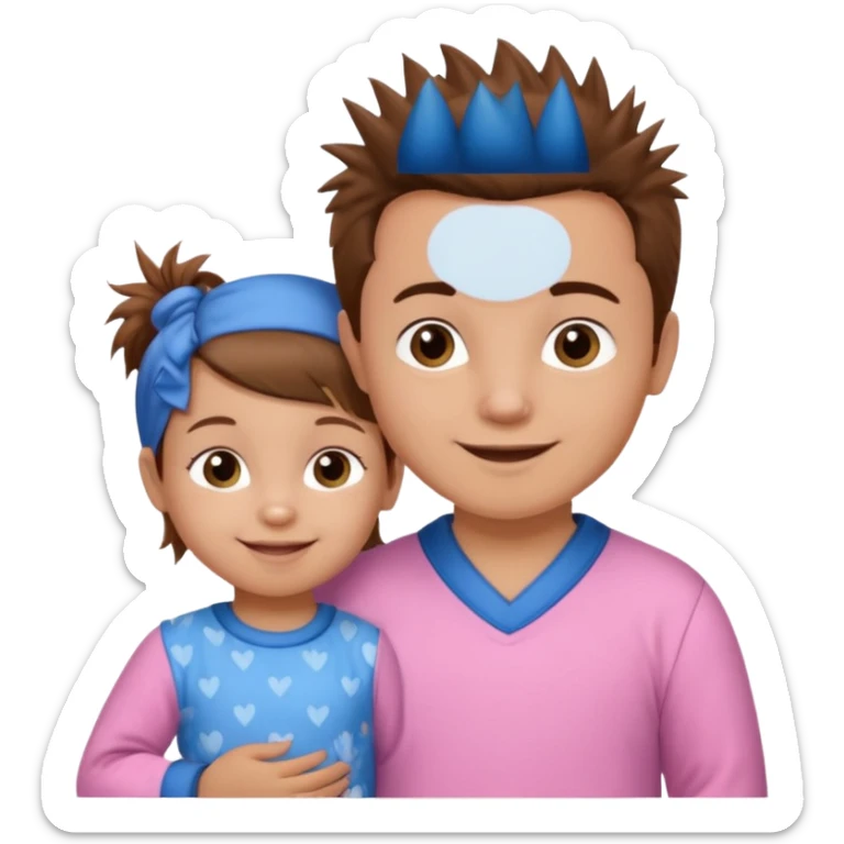 A smaller toddler girl with brown hair with her hair up, wearing pink pajamas and a bigger 4 year old boy with spikey brown hair, wearing blue pajamas. Both light skin and smiling.  sticker