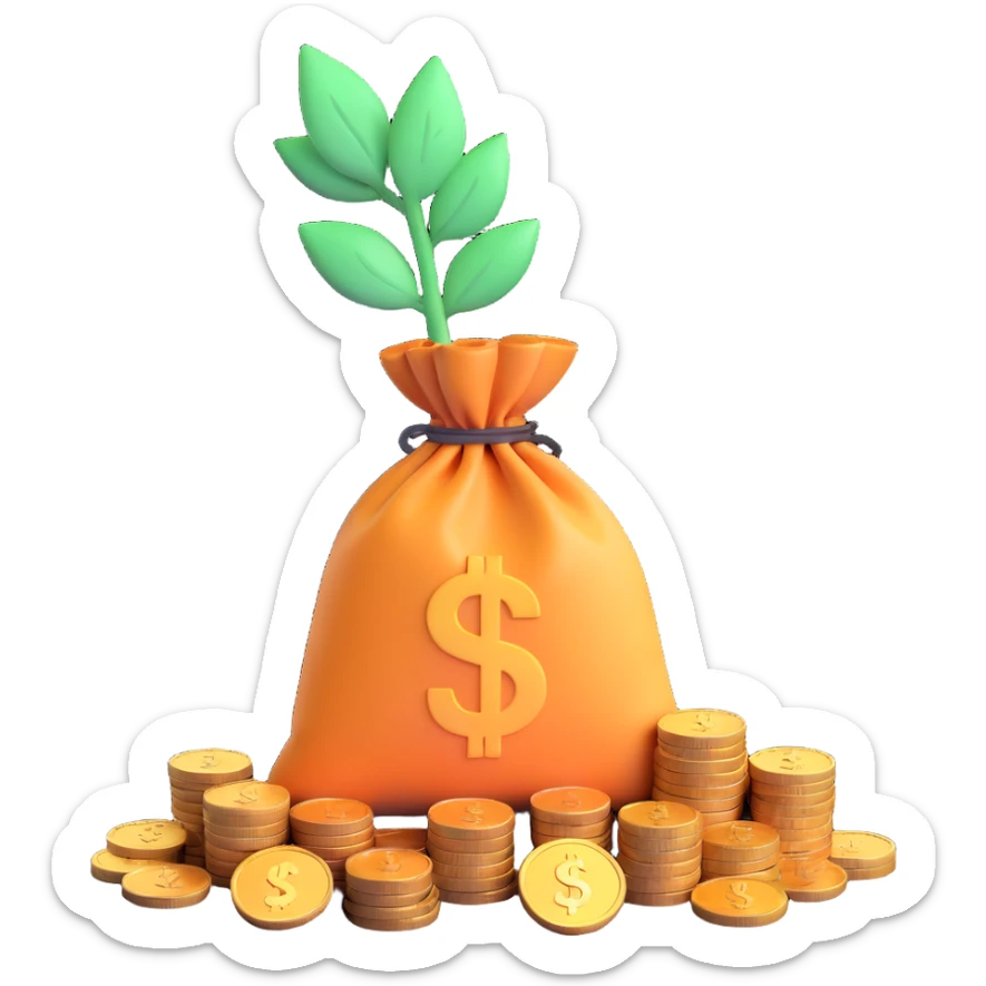 Economy / Finance emoji depicting a growing money bag, clean graph, or stack of coins with subtle gradients and a friendly expression sticker