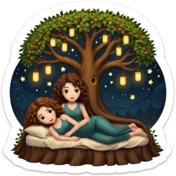 hollow tree bed — long wavy brown hair tattooed woman and short tight curly brown hair woman — firefly night lights sticker