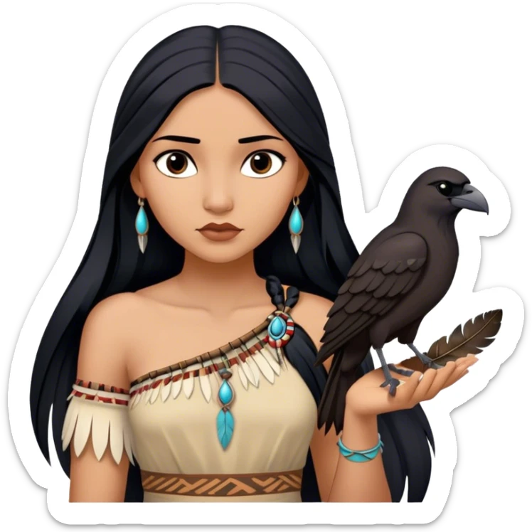 Cinematic Realistic Pocahontas Portrait, depicted with lifelike skin texture, soft natural lighting, and intricately detailed long, flowing raven-black hair that moves gracefully in the wind. Her deep, soulful dark brown eyes exude wisdom and strength, complemented by a serene yet powerful expression. She is shown gently holding a feather in one hand, her other hand resting lightly at her side, embodying the harmonious balance between nature and herself. She is dressed in her classic one-shoulder native American dress, with rich fabric textures and delicate beaded details that catch the light beautifully. The portrait features a soft, sun-kissed glow with a natural, radiant finish, capturing the essence of untamed beauty and deep connection to nature in a realistic and painterly style, evoking a sense of depth and authenticity. sticker