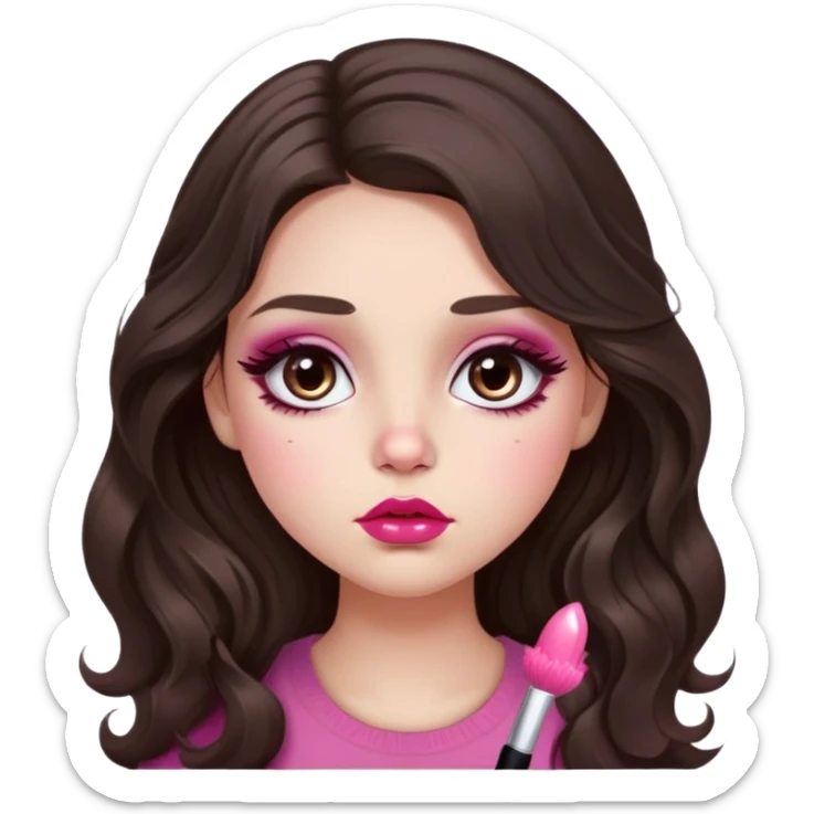 girl with light wheatish skin, dark brown long wavy hair, pouty shiny lips with berry lip gloss, large eyes with eyelashes, pink blush on cheeks, inner eye highlighted with white eyeliner, button nose sticker