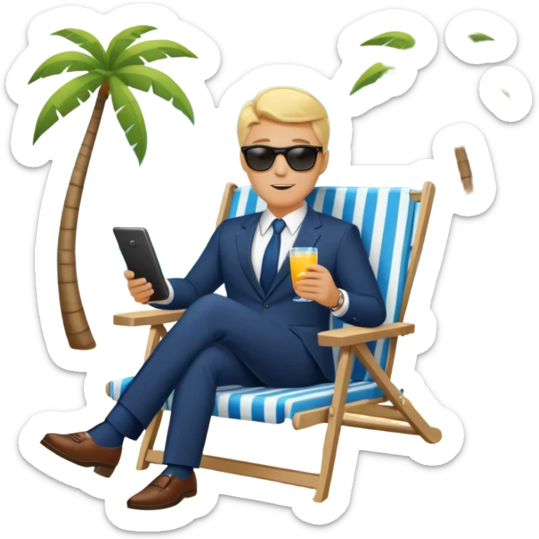 blonde businessman in suit sitting in beach chair on vacation, tropical beach sticker
