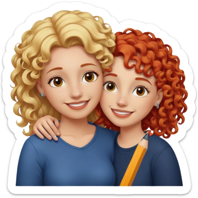 A woman with pencil straight, blonde hair and a nose piercing and a woman with curly red hair and a nose piercing are hugging and smiling together. sticker