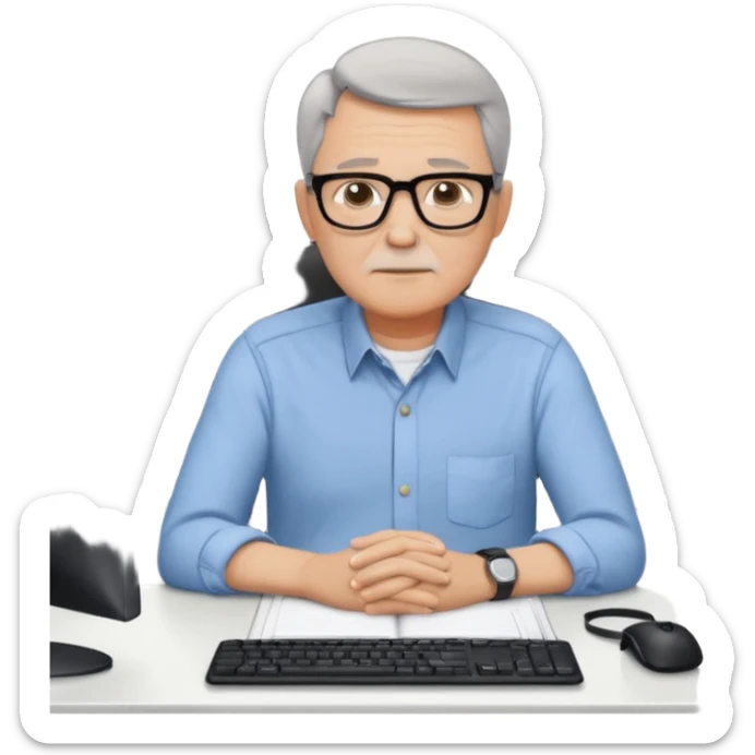 un uomo di circa 60 anni, capelli corti e brizzolati, occhiali con montatura nera, seduto ad una scrivania in un grande ufficio vuoto, tutto bianco, con il mobilio bianco, davanti a tre monitor ed un notebook, che lavora scrivendo software sticker