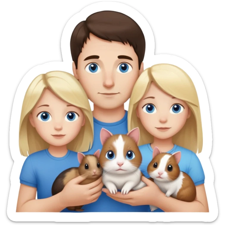 Family portrait with father with dark brown hair and blue eyes, mother with light brown hair and blue eyes, three blonde little girls with blue eyes, plus a cat and two guinea pigs sticker
