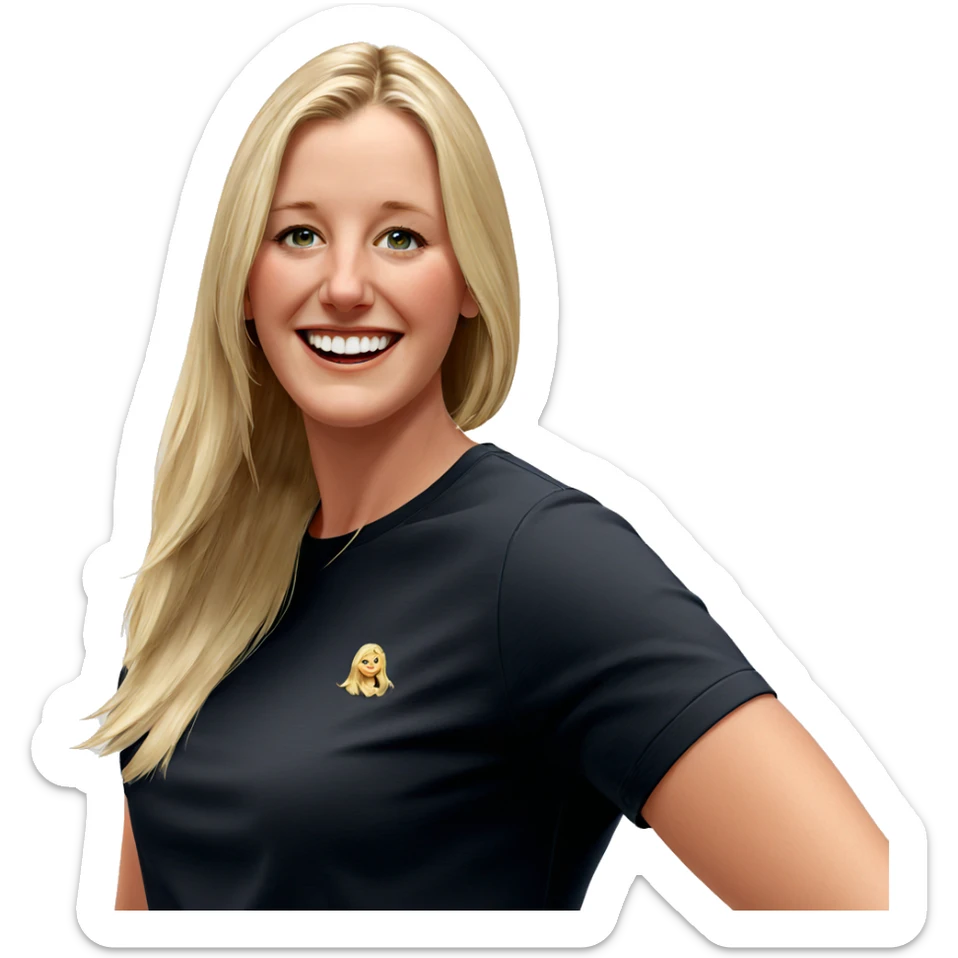 blonde girl with a smile sticker