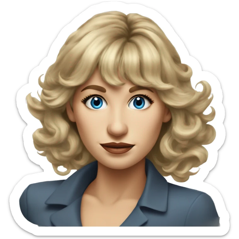 Medium length Dirty blonde poofy hair with bangs all across forehead and sides swept away from face business woman of 60 with blue eyes  sticker