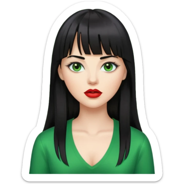A white woman with Long straight hair with bangs, black hair, green eyes and a low-cut shirt sticker