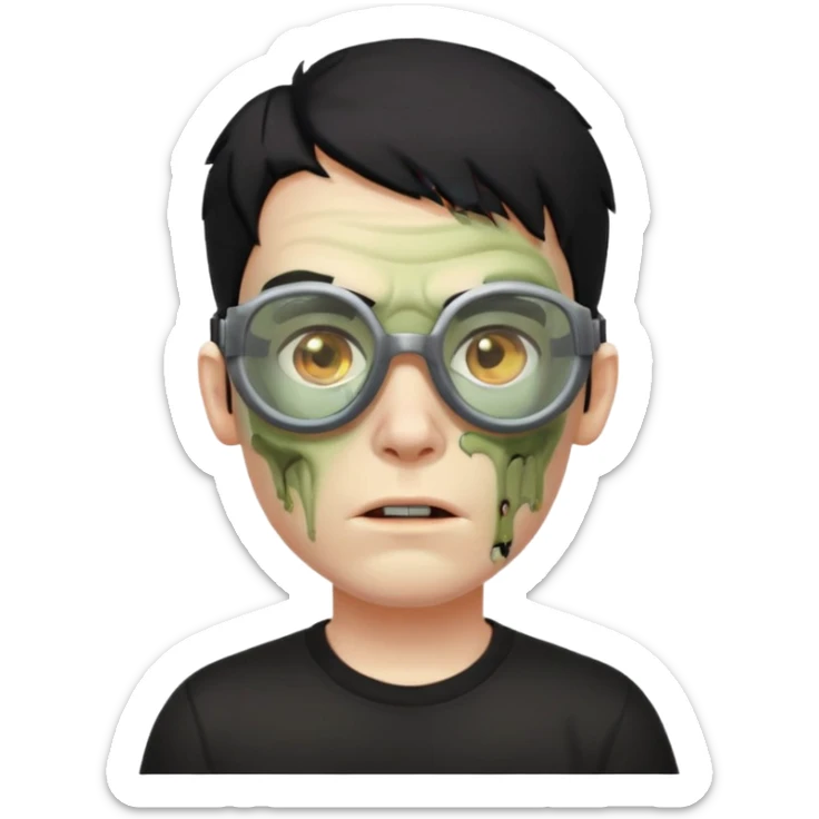 Zombie Emoji AppleIOS Style, lowfade Black Hair, Skin Goggles on right slide of The Head, and Black T-shirt sticker