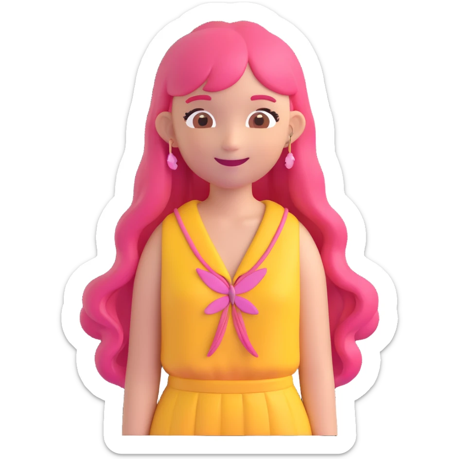 Fluttershy as a human girl emoji, long pink hair, yellow outfit, gentle smile, and butterflies sticker
