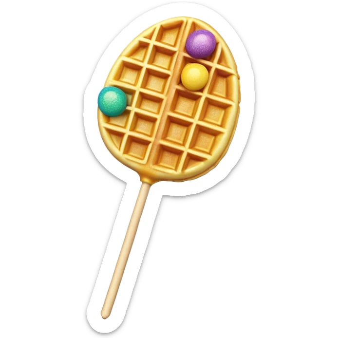 3D rendered Hong Kong egg waffle on stick like lollipop, vibrant golden color with rainbow sprinkles, hyper-realistic bubbled texture, glossy candy finish, fun playful design, detailed textures sticker