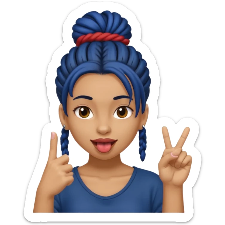 light brown girl with dark blue dreads in a bun with tongue out giving middle finger sticker