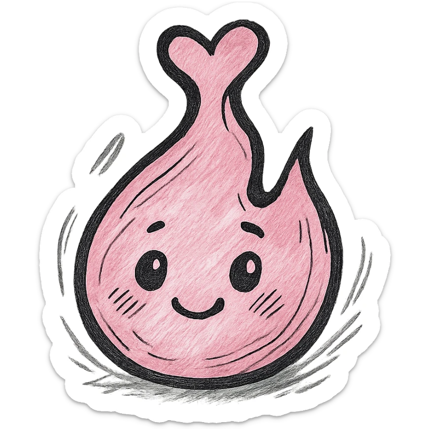 sweet cartoonish pink flame with heart-shaped tip, bold outlines, cute facial features, hand-drawn style with expressive shadows and highlights sticker