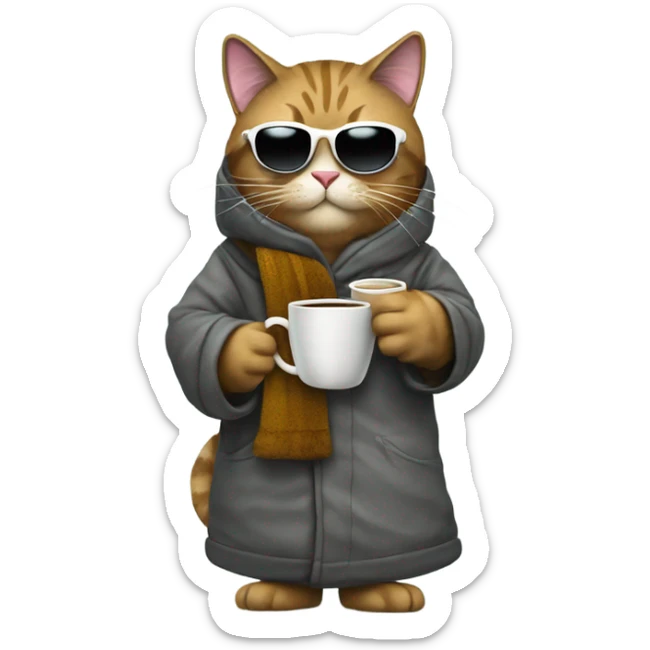 Expensive furry cat snowboarding holding a cup of coffee, sunglasses and a robe  sticker