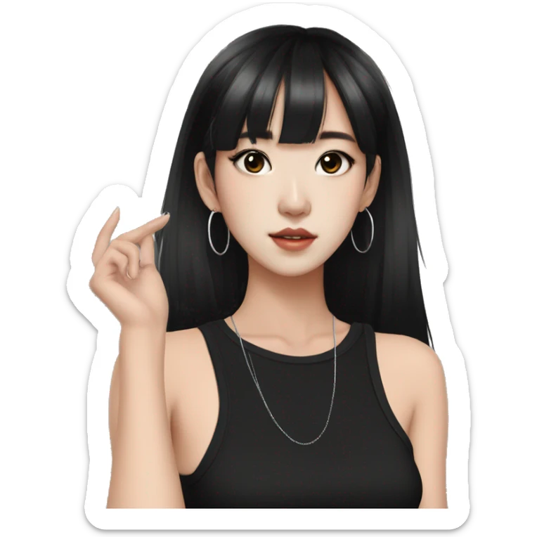Korean girl, black tank top, black hair, black eyes, layered hair, cool girl, aesthetic, long hair, hime cut, blunt bangs, small silver hoop earrings sticker