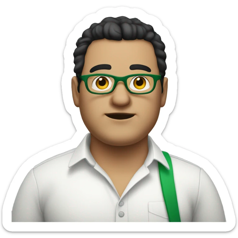 fat white man wearing green pants and white shirt with black hair and round glasses sticker