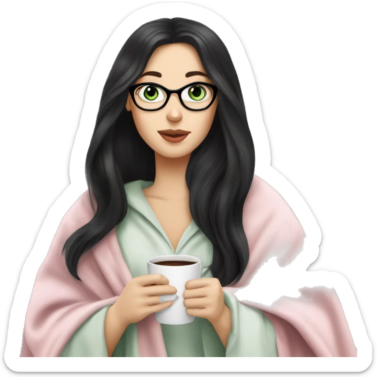 A pretty white girl with very long black hair and green eyes in a light pink blanket sipping coffee with glasses on sticker