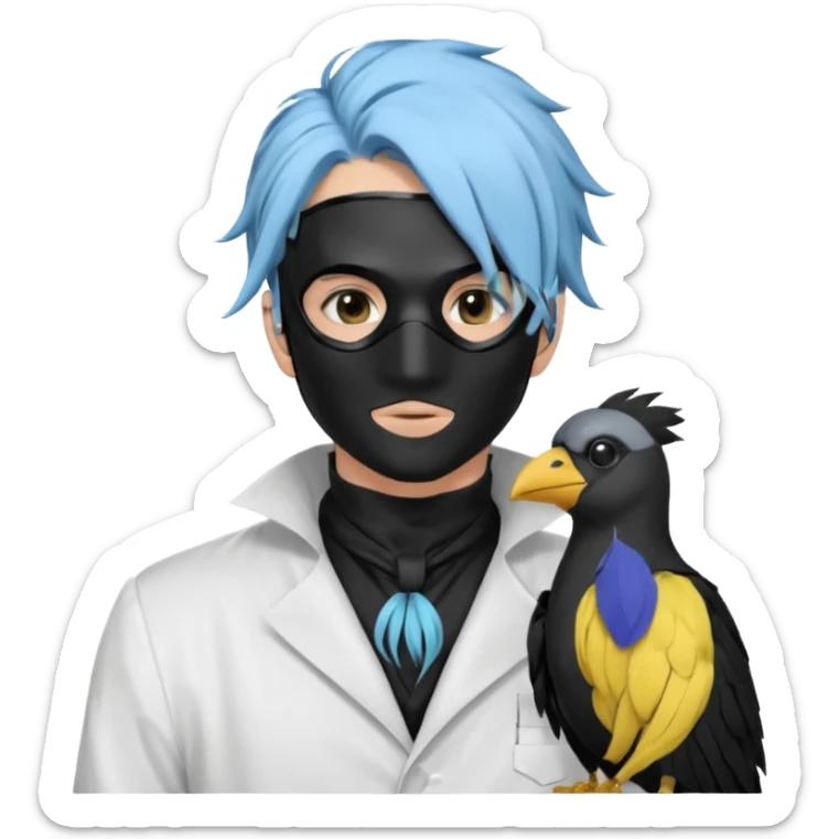 Handsome sexy adult anime man with light-blue hair and a black bird beak mask that covers whole face, black face mask, black mouth mask, black feathers draped over shoulder, wearing a white lab coat, long thin hair tendrils on the sides sticker