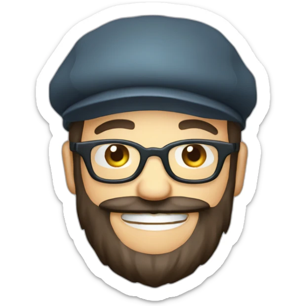 happy smile gardener face long dark beard and short dark hair with little transparent glasses and a french beret sticker