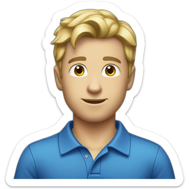 caucasian male, black scraggy hair, blue polo shirt sticker