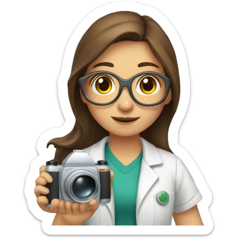 Girl, with brown hair and brown eyes, she holds camera in left hand and laboratory things in left hand sticker