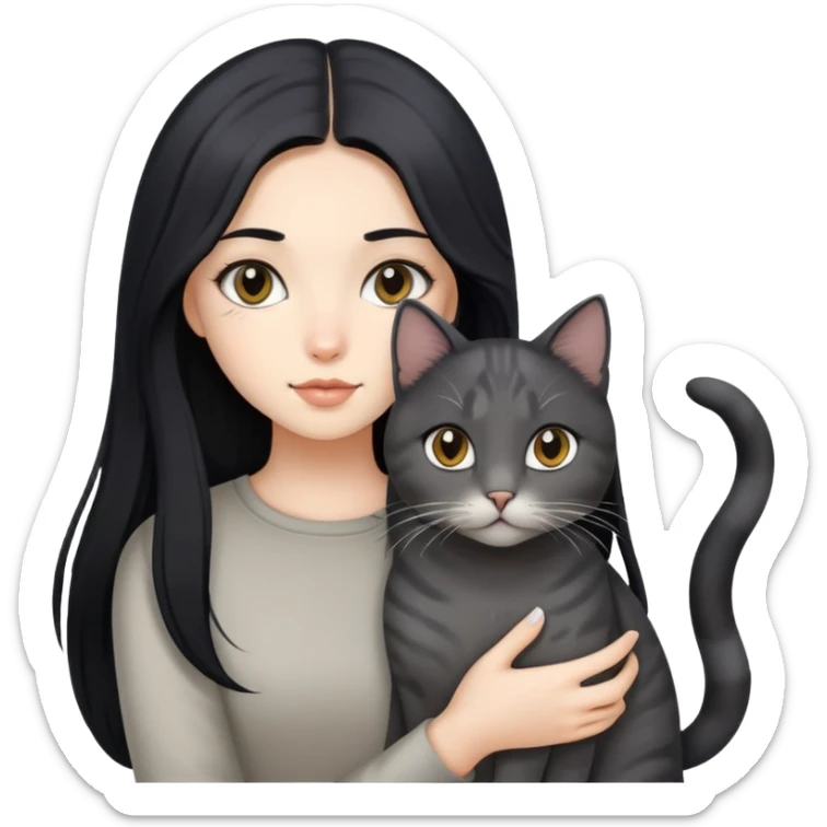 Beautiful girl with long black hair holding a gray and blonde mixed cat sticker