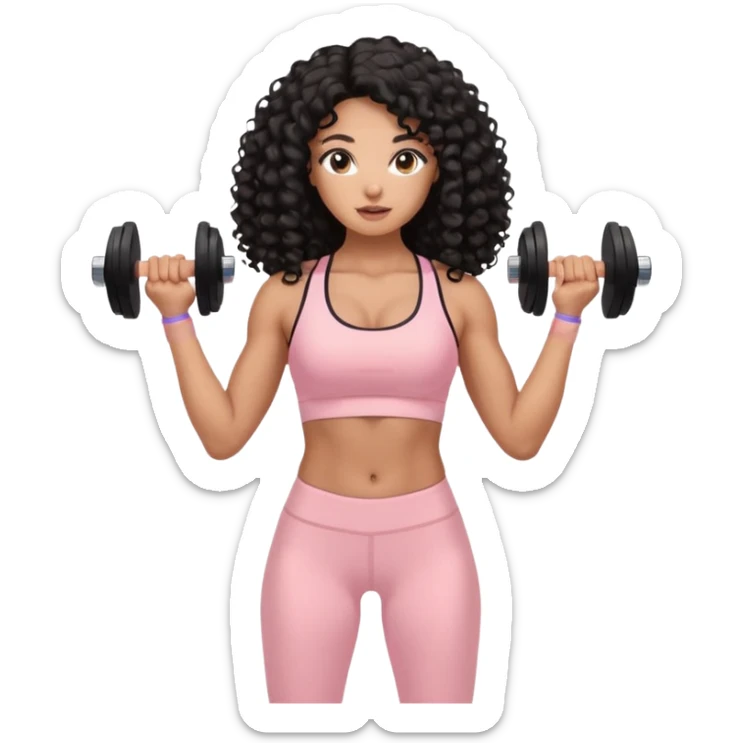 Mixed-race athletic woman with bronzed caramel skin, long black curly hair, wearing pastel pink sports bra and leggings, lifting soft beige dumbbells sticker