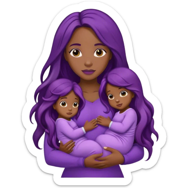 Black woman with twins in her arms wearing purple and long hair.  sticker