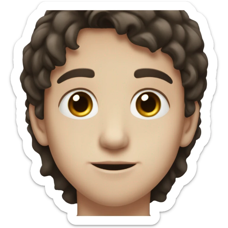 boy with dark brown hair, brown eyes, pale skin, and a septum piercing sticker