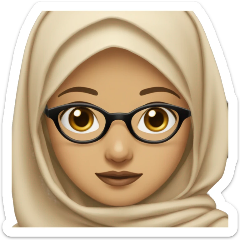 Girl in hijab, with plump lips and glasses, brown eye color, light skin color, long eyelashes, beige hijab color, beige sweater beige sticker
