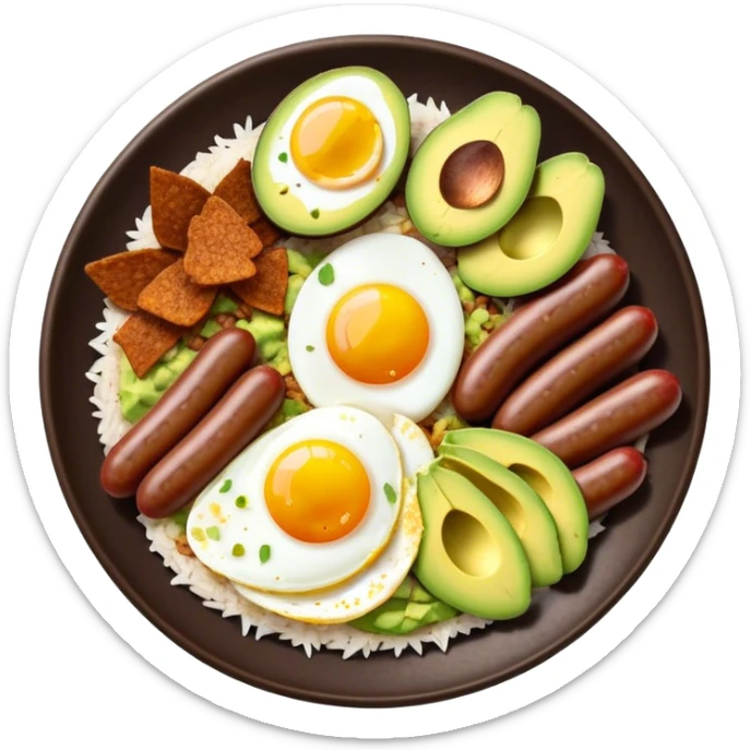 Bandeja Paisa Cinematic Realistic Bandeja Paisa Dish Emoji, depicted as a hearty platter featuring rice, beans, avocado slices, one sausage, a perfectly cooked egg, and crispy pork crackle, rendered with vivid textures and robust, inviting lighting. sticker