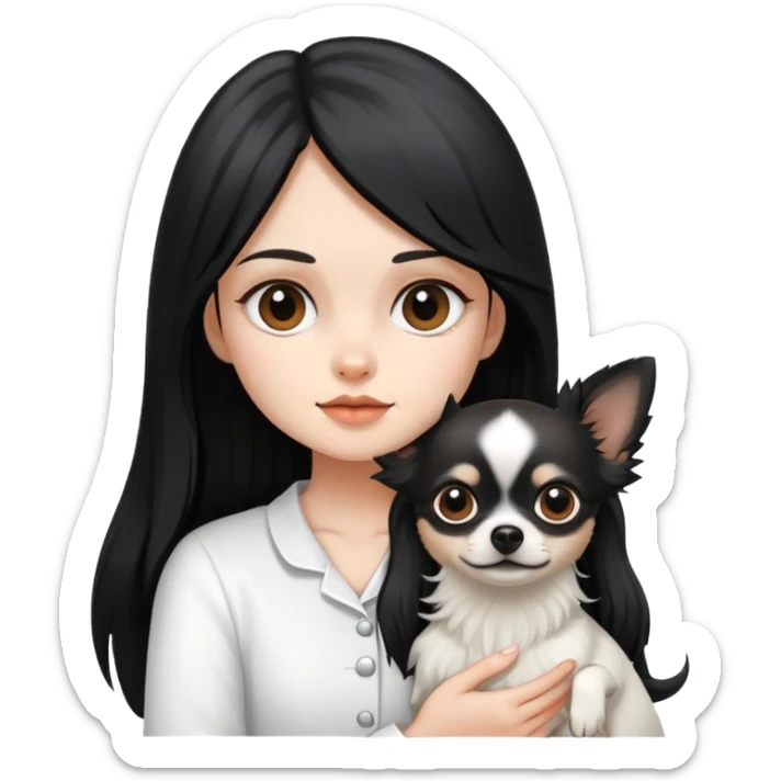 A girl with fair skin, wearing white clothes, holding a black long-haired Chihuahua sticker