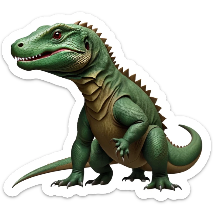 cinematic-komodo-dragon-realistic-full-body-standing on all fours-emoji,-massive-scaled-body-poised-with-quiet-power,-rough-textured-skin-dark-green-and-dark brown, black,-head-tilted-dramatically,-long-forked-tongue-flicking-out,-simplified-yet-realistic-focused-features,-highly-detailed,-glowing-with-an-almost-sarcastic-glow

 sticker