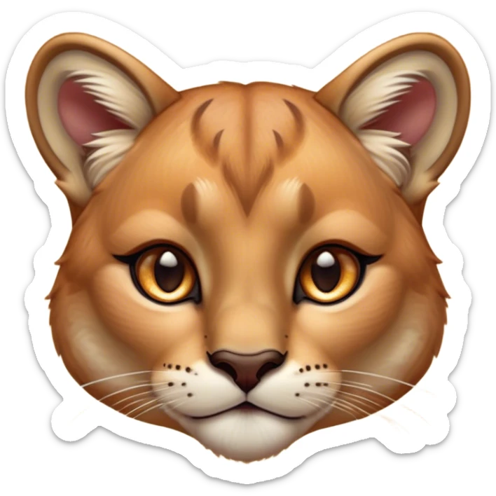 Cinematic Cute Cougar Portrait Emoji, Head tilted playfully and inquisitively, featuring a glossy, tawny Fur with delicate dark markings and round, sparkling amber eyes filled with curious mischief, Simplified yet irresistibly adorable features, highly detailed, glowing with a warm, friendly glow, high shine, affectionate and agile, stylized with a touch of wilderness whimsy, bright and endearing, soft glowing outline, capturing the essence of a mischievous yet loving cougar, so playful it feels like it could prowl out of the screen and into your arms! sticker