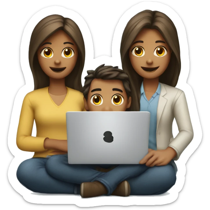 2 girl and 3 man each of them holding laptop and sit together  sticker