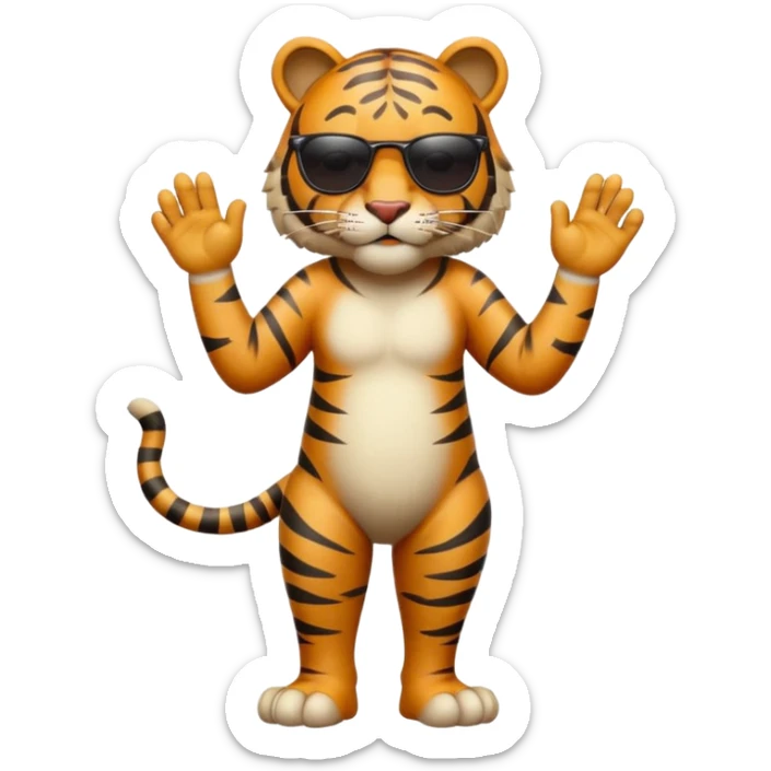 un tigre con gafas oscuras parado en dos patas bravo con la mano en la derecha en la frente sticker