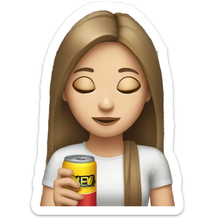 White, brown haired Girl with an energy drink in her hand and closed eyes sticker