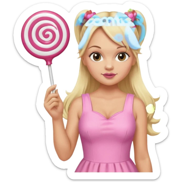Emma Bunton with long blonde ponytails wearing light pink body dress holding a lollipop sticker