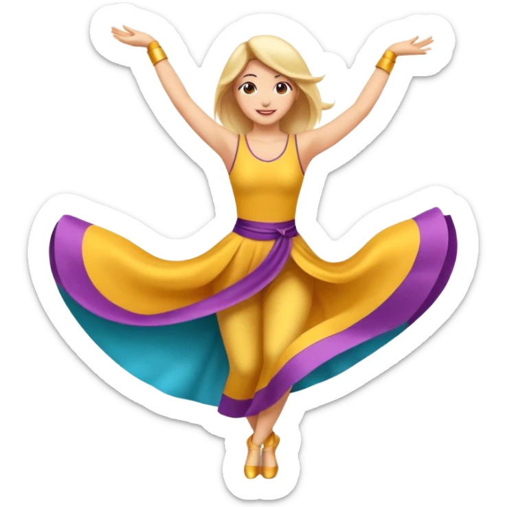 Emoji estilo ilustración de una mujer practicando danza aérea en tela, sus manos en la tela de seda, expresión feliz, estilo emoji moderno, colores suaves, fondo simple sticker