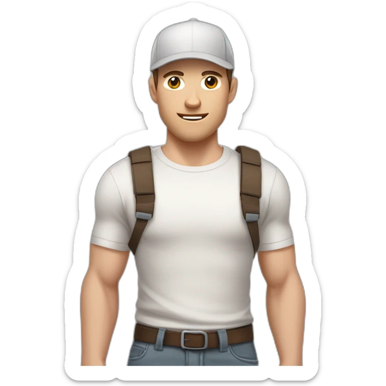 Pale skinned fit Man with dark brown hair in a light gray cap, dark brown jeans, brown polo and white T-shirt keeping a pasted with tape white box into his hands sticker