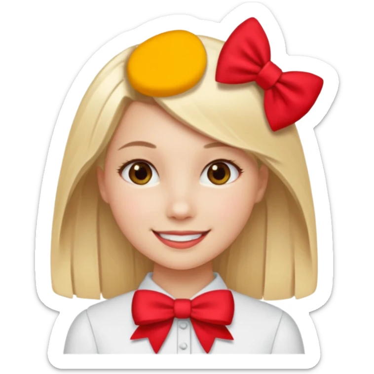 ["Fair skin female, straight blonde hair, small red bow clip."] sticker