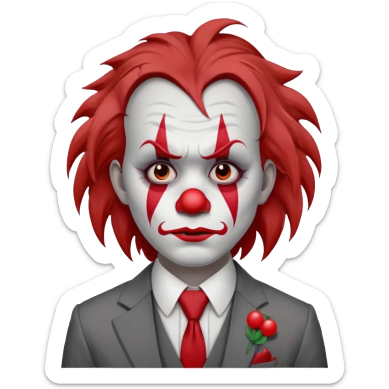 No wig, but long messy brown hair.

White face paint with red clown makeup and a red nose.

Wearing a gray suit with a tie.

Expression is sad and serious, resembling a clown with a more human-like look. sticker