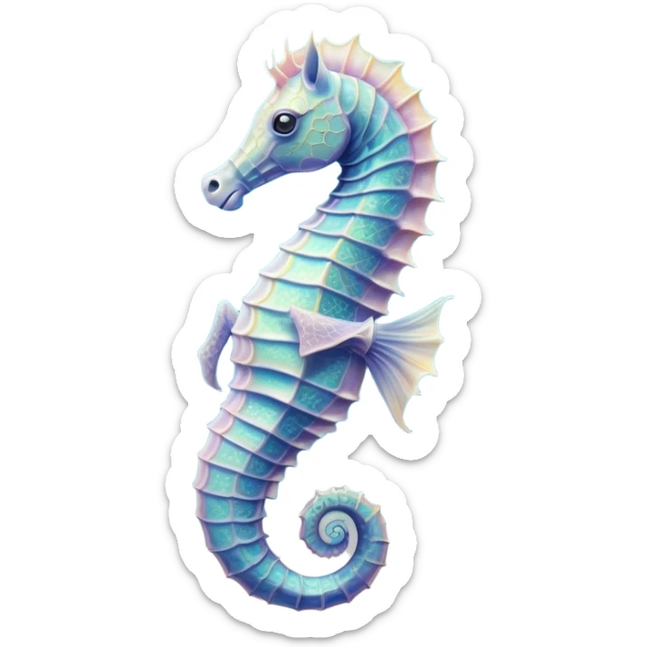 Cinematic Realistic Noble Sea Horse Portrait Emoji, Poised and graceful, with a slender, curved body and an elegantly arched neck adorned with finely detailed, shimmering scales in soft pastel hues, and gentle, focused eyes, rendered with lifelike texture and natural light; high shine, intelligent and serene, styled with an air of oceanic elegance, focused and attentive, soft glowing outline, capturing the essence of a watchful and confident sea horse that appears to drift out of the screen with effortless grace! sticker