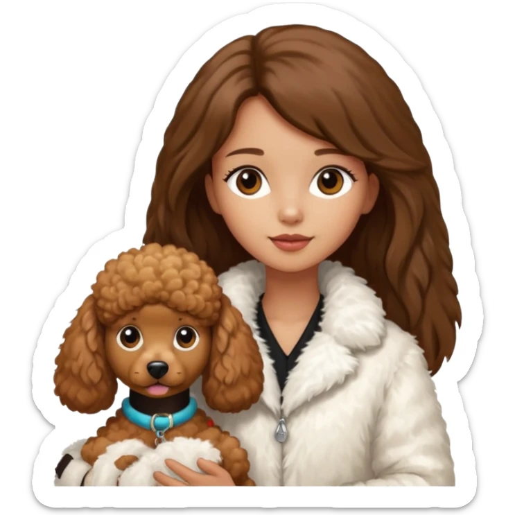 A girl with a long brown straight hair and wearing a fur white jacket holds a brown poodle sticker