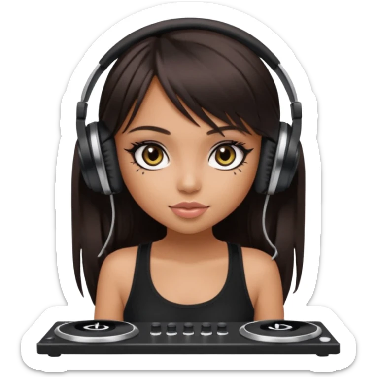 generate a pretty bratz girl in black cami top, dark brown straight long hair with bangs, eyeliner on, djing sticker