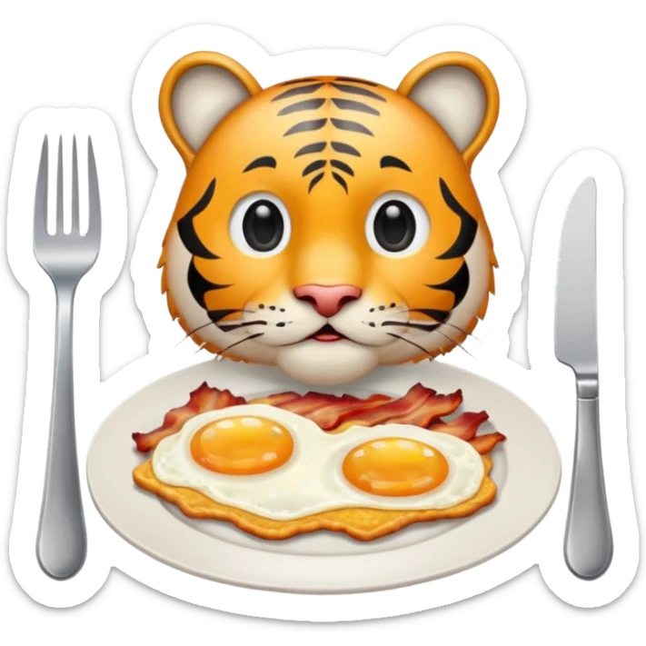 Tiger sitting by a table with a plate of 2 eggs and bacon in front of him on the table place setting sticker