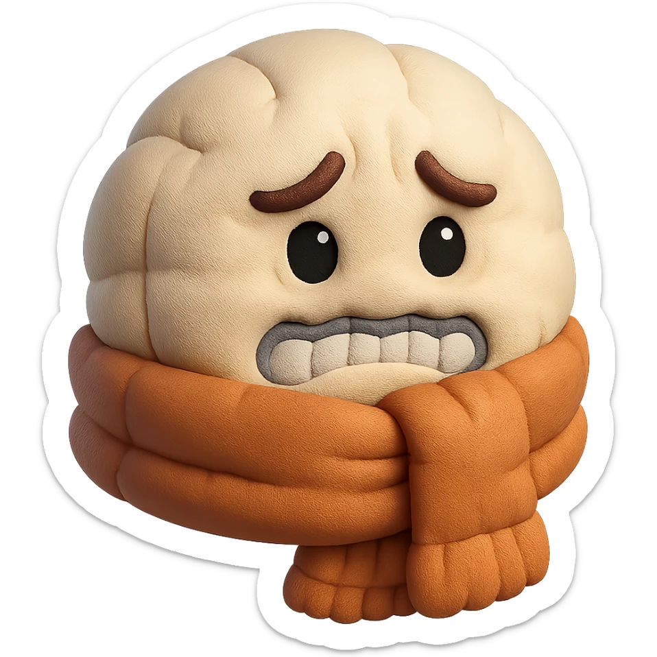 plush face, scarf up to nose, shivering, frosty air, cold weather, soft and cuddly sticker