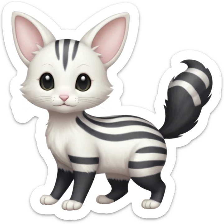 Black grey pearly silvery white albino melanistic Purrloin-Minccino-Emolga-fusion (full body) with vertical white stripes running down the whole body sticker